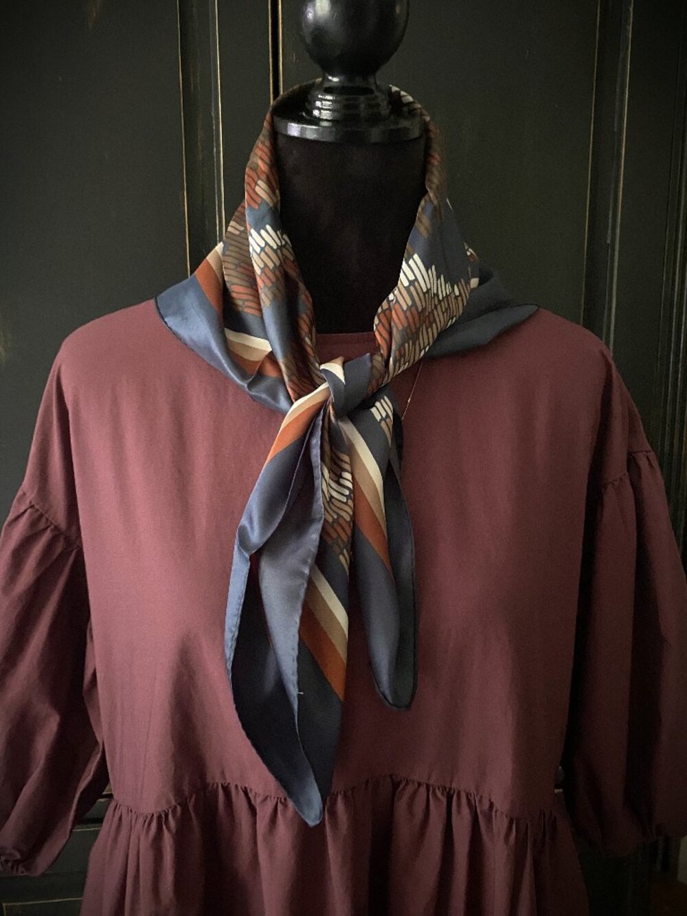 Vintage Square Scarf - Navy Rust Brown Cream Geometric Print - Silky Satin Look